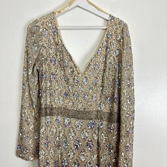 MAC DUGGAL Long Sleeve Sequin Gown in Nude Size US 12 - Picture 6 of 15